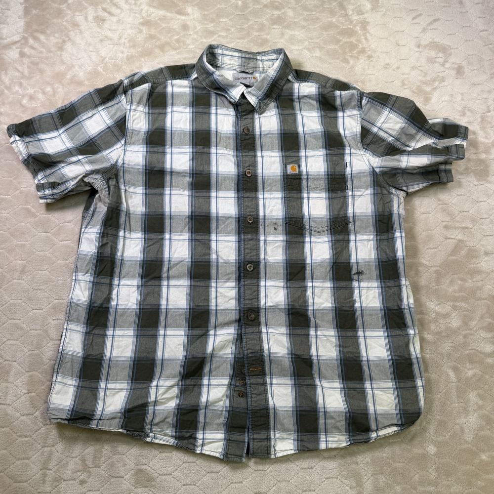 Carhartt Relaxed Fit Short Sleeve Button up Shirt Sz XL Checker Green STAINED